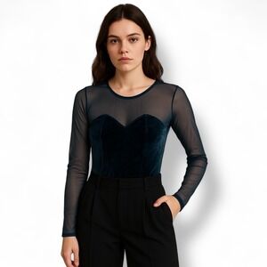 Vintage Andra Lingerie Velvet Bodysuit Mesh Teal Blue Womens Sz M‎ Whimsigoth